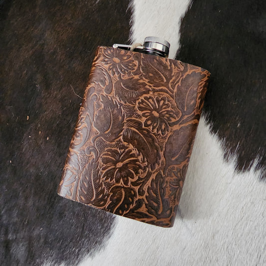 Genuine Embossed Leather Wrapped Flask