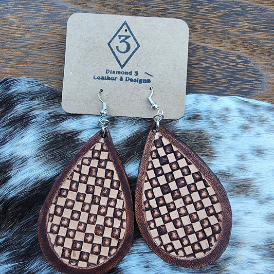 Branded Checkered Leather Teardrop Earrings