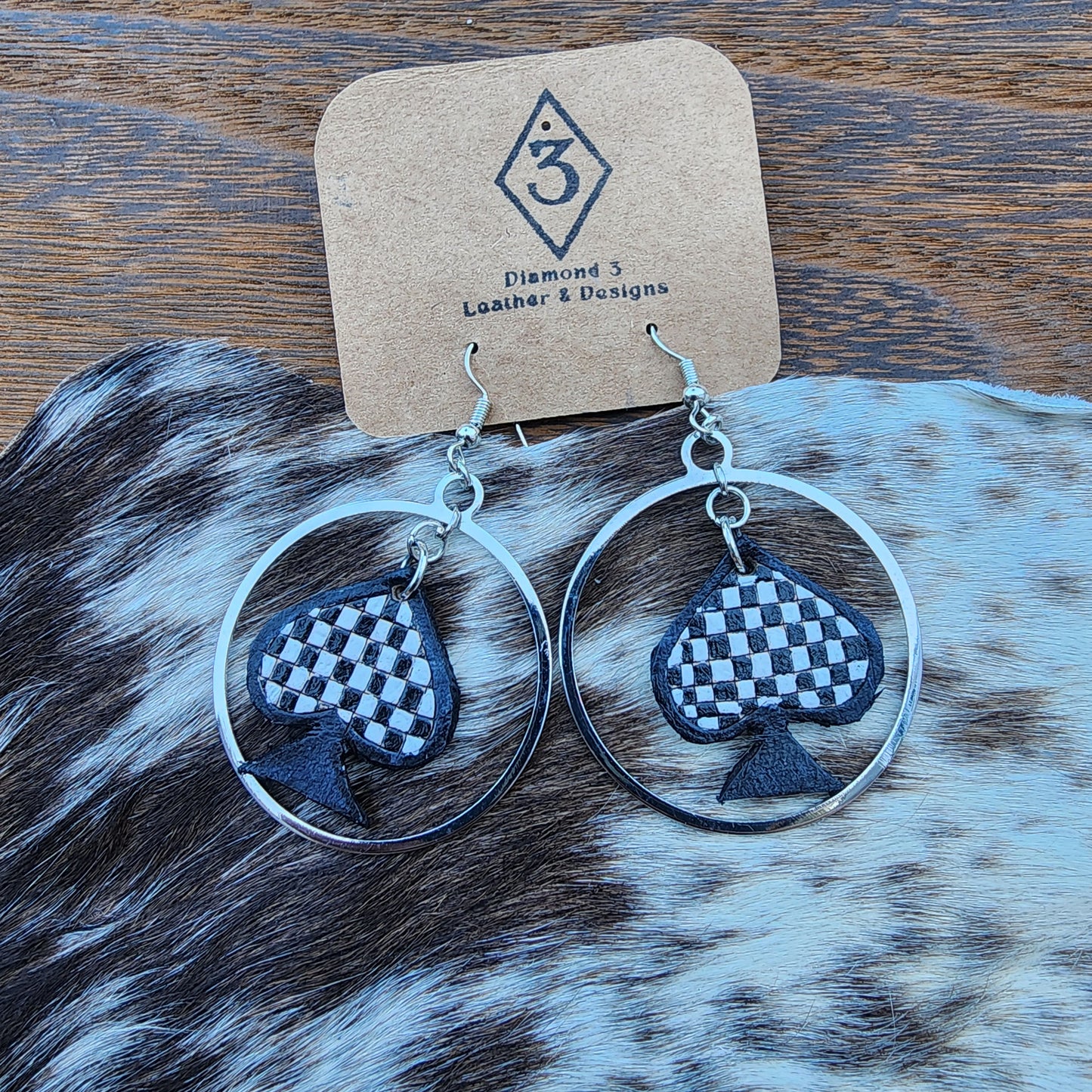 Checkered Leather Spade Hoop Earrings