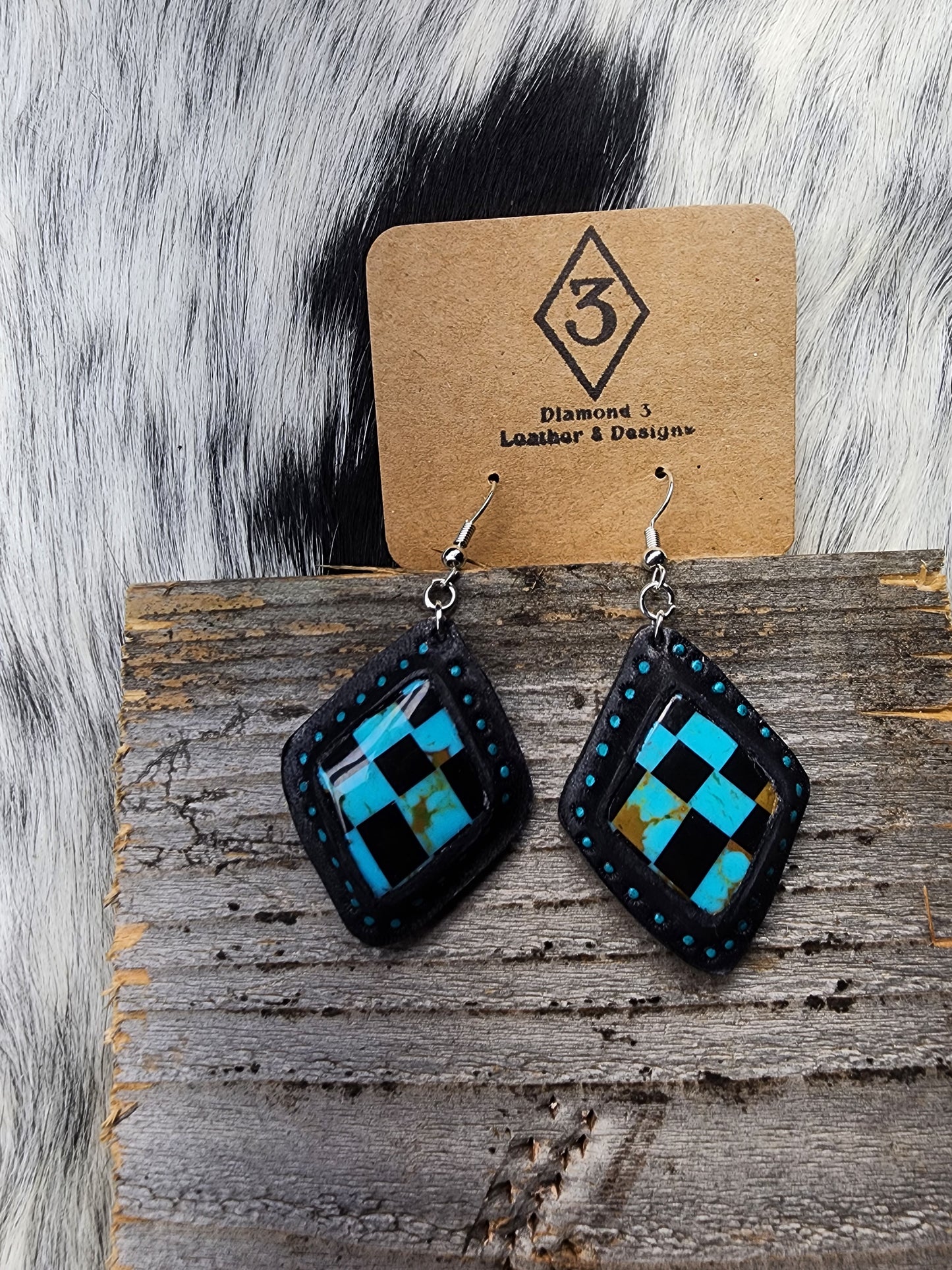 Turquoise Checkered Leather Diamond Earrings