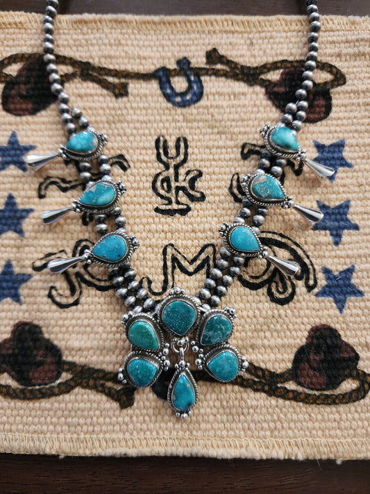 White Water Turquoise Statement Squash Blossom Necklace