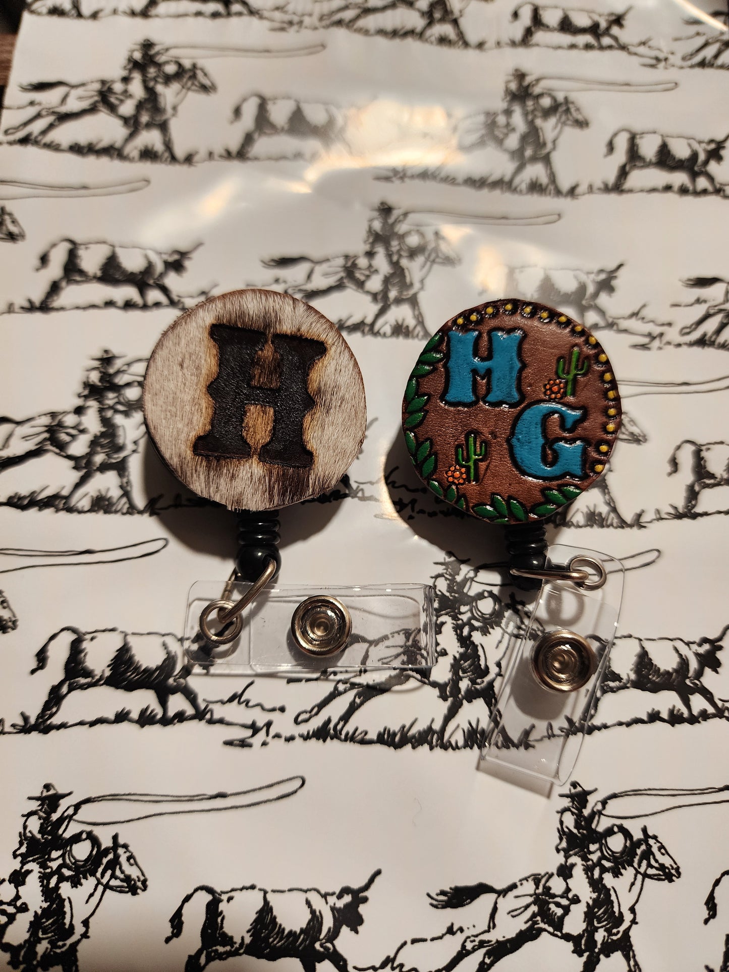 Cowhide or Leather tooled Badge Reel